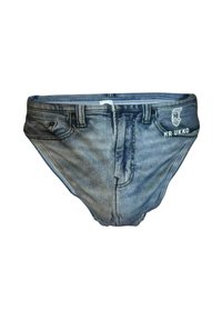 Herren-Schwimmslips, die wie Jeansshorts aussehen; blau-graue Drucke mit einem Fake-Bund und Taschen. Mit dem Logo "MR UKKO".