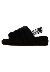 Black fuzzy slide sandals with a soft plush upper, thick band, and UGG logo along strap. Flat sole with a textured tan bottom.