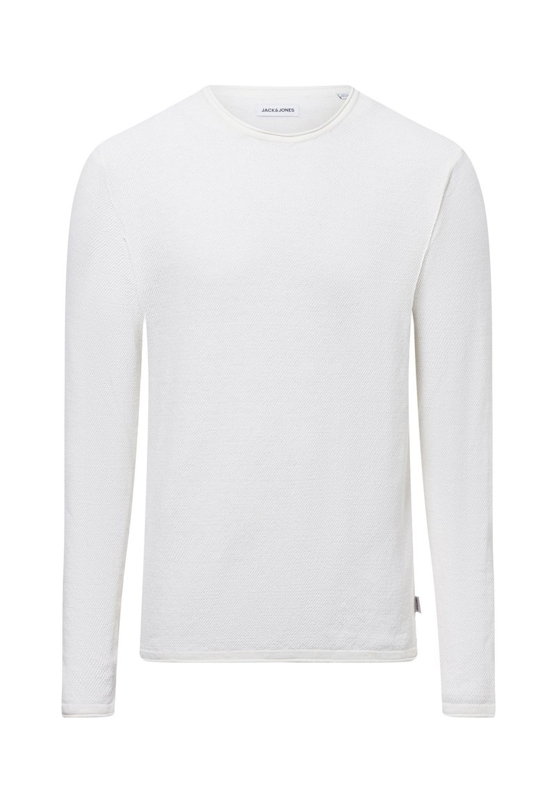 Camicia bianca a maniche lunghe con tessuto testurizzato. Presenta un colletto rotondo e un bordo a contrasto lungo il colletto e i polsini. Senza loghi visibili.