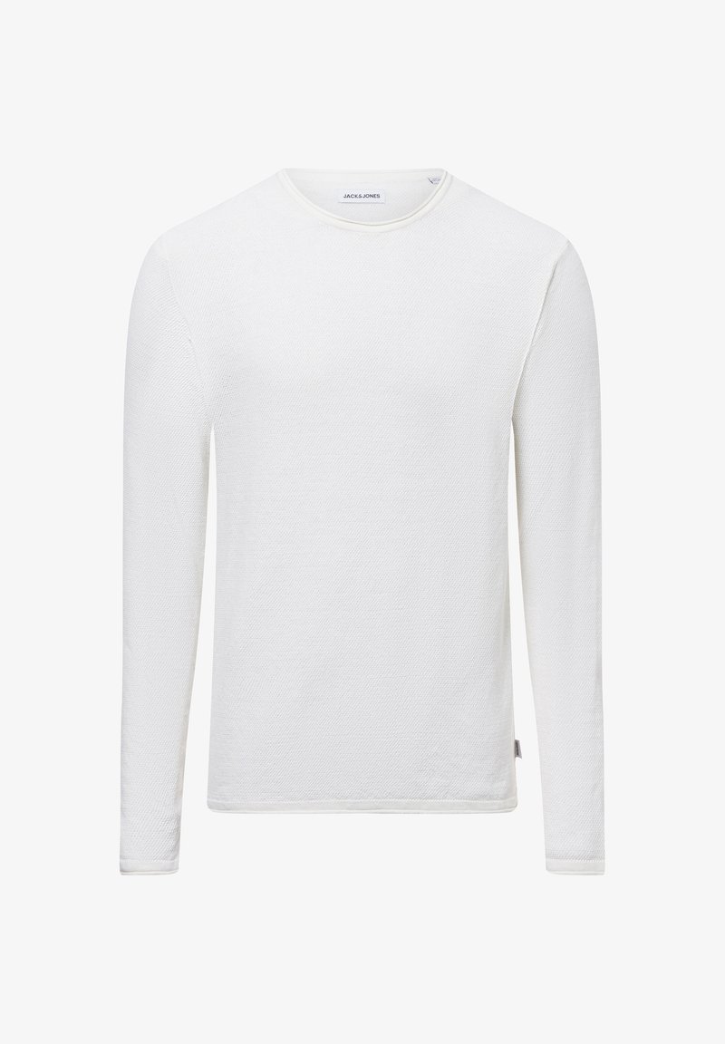 Camicia bianca a maniche lunghe con tessuto testurizzato. Presenta un colletto rotondo e un bordo a contrasto lungo il colletto e i polsini. Senza loghi visibili.