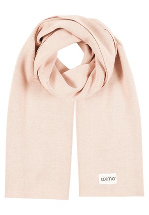 Light pink knit scarf folded with Oxmo brand label visible on one end against white background.