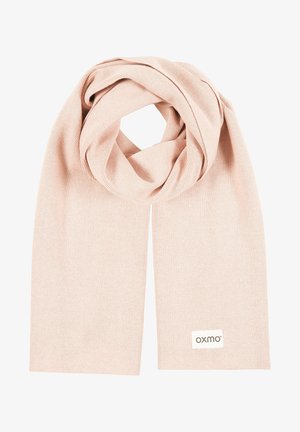 Lichtroze gebreide sjaal opgevouwen met het Oxmo merklabel zichtbaar aan één uiteinde tegen een witte achtergrond.