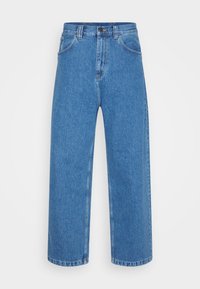 Modri jeans širokih nogavice z visoko pasom, ki imajo klasičen pet-pocket dizajn in zadrgo z gumbom za zapiranje.