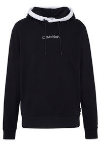Felpa nera con cappuccio, foderata internamente di bianco, con coulisse regolabili e logo 'Calvin Klein' ricamato sul davanti. Tessuto morbido, maniche lunghe.