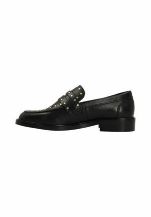 Black leather loafers featuring a studded strap, rounded toe, and a low block heel. Smooth texture with minimalistic design details.