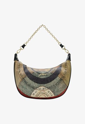 Borsa hobo in tessuto strutturato con motivo circolare multicolore, dotata di tracolla a catena dorata e dettagli in pelle nera.