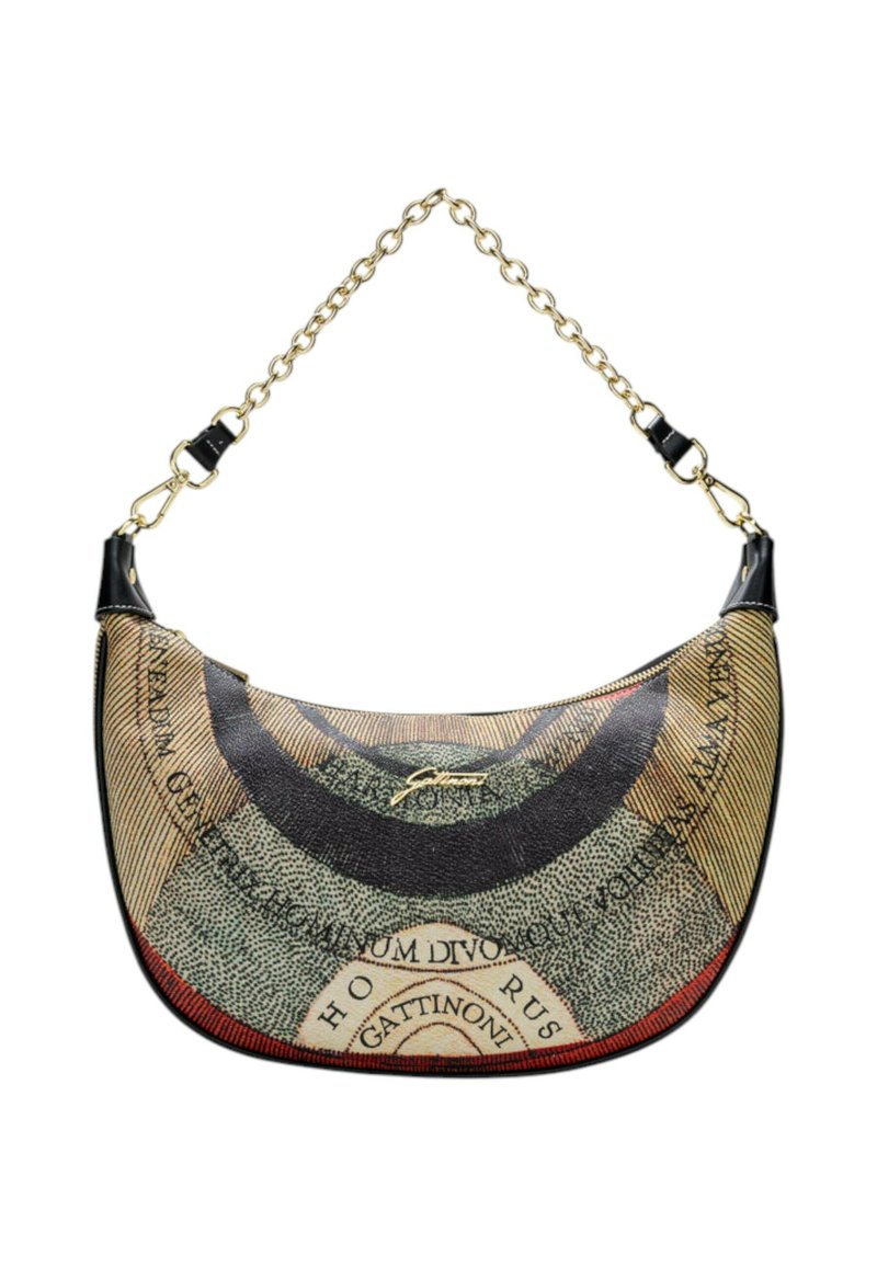 Hobo bag made of textured fabric with a multicolored circular pattern, featuring a gold chain strap and black leather accents.