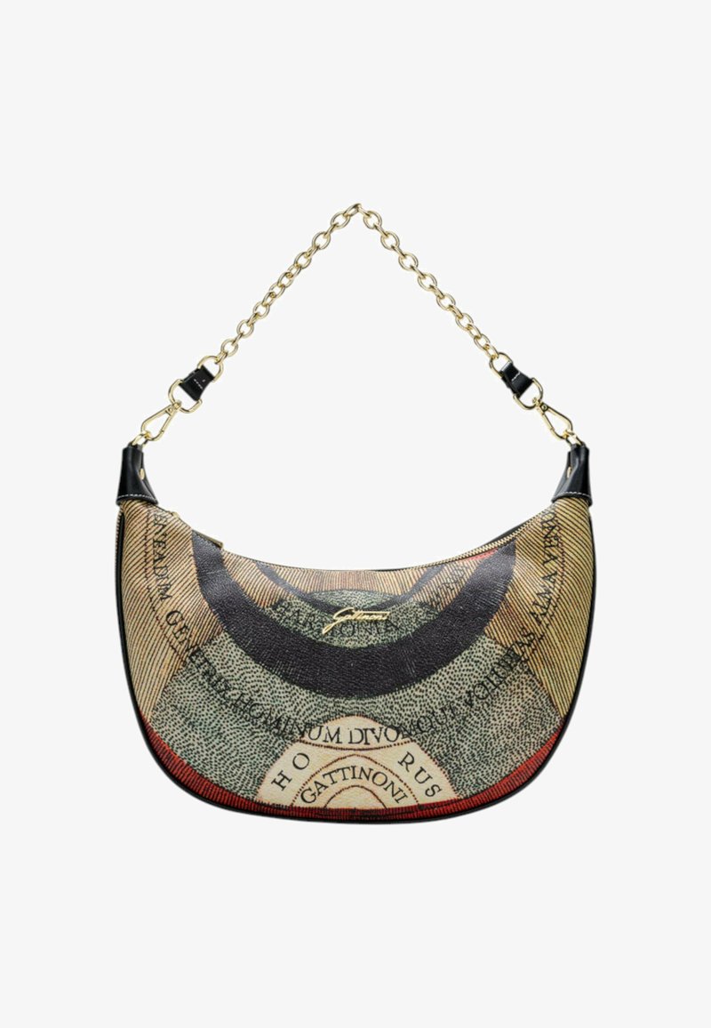 Hobo bag made of textured fabric with a multicolored circular pattern, featuring a gold chain strap and black leather accents.