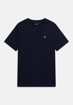 Navy blue cotton t-shirt with short sleeves and a crew neck, featuring a small yellow embroidered logo on the left chest.