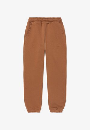 Pruunid dressipüksid, mis on valmistatud pehmest kangast, varustatud elastse vöökohaga, kahe küljetaskuga ning soonikuliste mansettidega pahkluude juures. Lihtne disain.