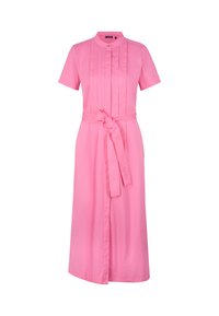 Rosa kurzärmliges Kleid mit hohem Kragen, Knopfverschluss, gefaltetem Vorderteil und Stoffgürtel. Glatte Textur, knielang und tailliert.