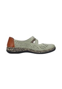 Light green leather shoe with cut-out patterns, brown heel accent, and textured sole. Features an open design for breathability.