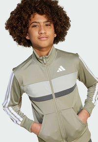 Giacca sportiva con zip color verde oliva con strisce orizzontali bianche e grigie, caratterizzata dal logo Adidas e da tre strisce bianche sulle maniche. Texture liscia.