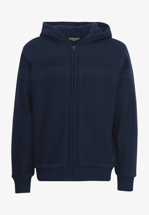 Laivastonsininen vetoketjuhuppari, joka on valmistettu teksturoidusta neulosmateriaalista ja jossa on fleece-vuorattu huppu. Varustettu ribbaiduilla hihoilla ja helmalla sekä hienovaraisella kuvioinnilla.