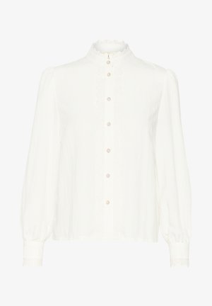 White blouse with a high lace collar, long puffed sleeves, and scalloped detailing along the front. Six buttons in a row at the center.