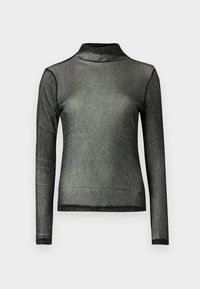 Top nero a maniche lunghe con collo alto realizzato in tessuto trasparente e scintillante; design aderente con collo alto e bordatura nera a contrasto lungo i bordi.