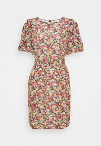 Blumenkleid mit kurzen Puffärmeln, mit einem gelben Hintergrund und bunten Blumen. Elastischer Bund und knielanger Schnitt.