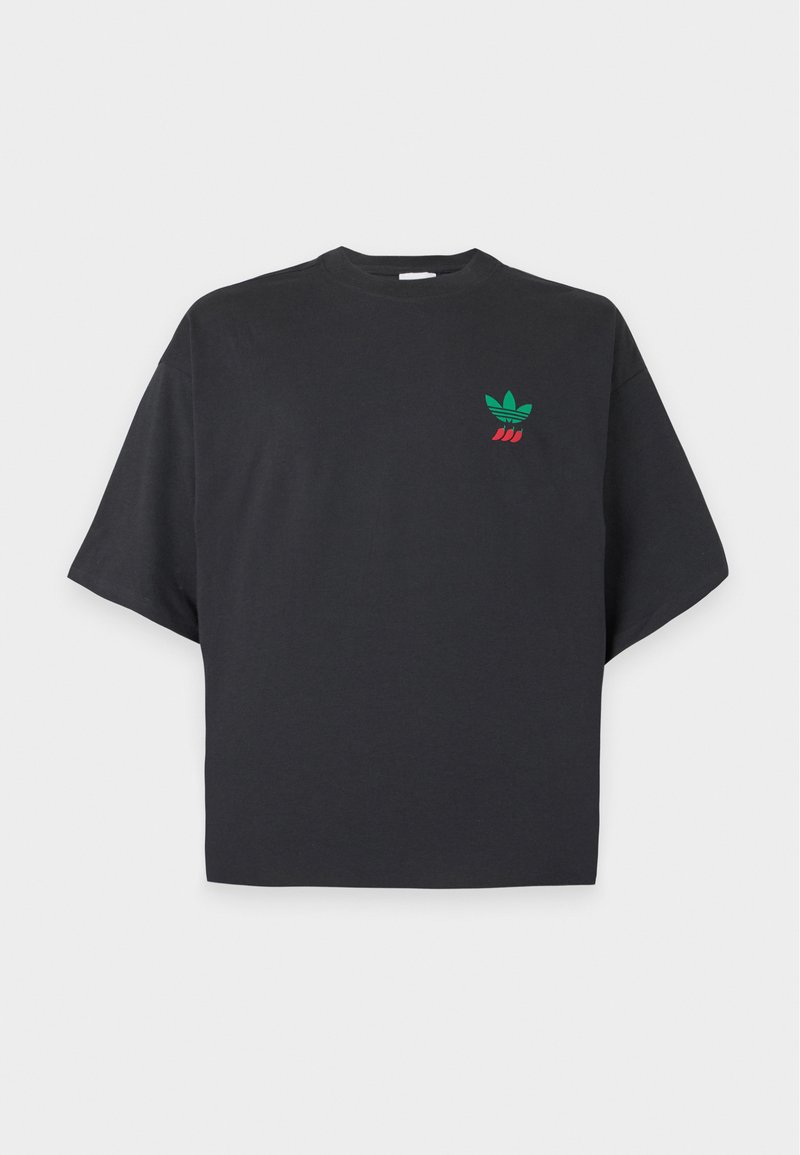 Black short-sleeve t-shirt with a green and red logo on the left chest featuring three leaves and three red shapes below.