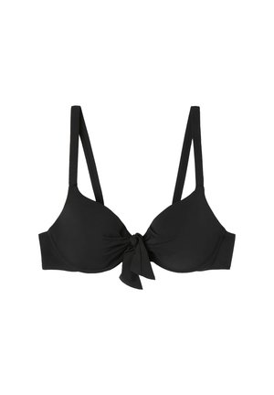 Czarny biustonosz bikini z węzłem na środku, cienkimi regulowanymi ramiączkami, gładkim materiałem oraz prostym, bezszwowym wzornictwem.