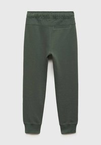 Dark green sweatpants made of soft cotton blend fabric, featuring an elastic waistband, cuffs at the ankles, and a small back pocket.