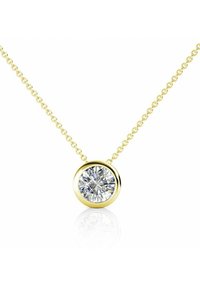 Collier en or avec un diamant taille ronde dans un sertissage circulaire, accompagné d'une chaîne délicate et d'une surface lisse et réfléchissante.
