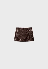 Mini-jupe noire couverte de sequins brillants, coupe droite, présentée sur un fond gris clair uni.