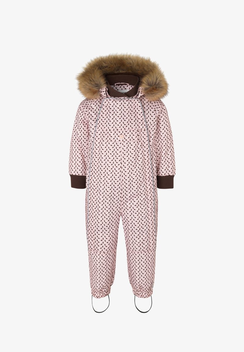Rosa bedachter Schneeanzug mit braunen Blättermustern, Kapuze mit Kunstfellbesatz, elastischen Bündchen und Stiefelriemen. Gepolstert für Wärme und Komfort.