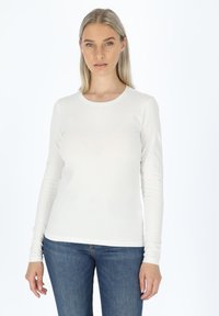 Witte longsleeve t-shirt van glad, rekbaar stof met een ronde halslijn. Draagt met blauwe jeans en heeft aansluitende mouwen.