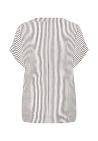 Top bianco a maniche corte con sottili righe verticali nere, scollo rotondo e vestibilità ampia, mostrato da dietro.