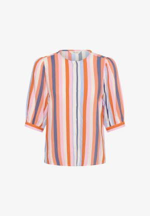 Gombos blúz függőleges csíkokkal narancssárga, rózsaszín, kék, bézs és tengerészkék színekben, felfújt, háromnegyedes ujjakkal, mandzsettás végekkel.