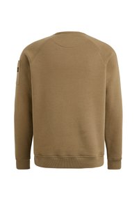Brauner Sweatshirt mit Rundhalsausschnitt, Raglanärmeln, gerippten Bündchen und einer aufgesetzten Tasche am linken Arm. Glatter, leicht strukturierter Stoff.