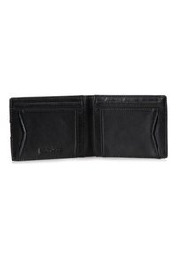 Black leather wallet with an open design, featuring multiple card slots and a smooth texture. Subtle branding embossed inside.