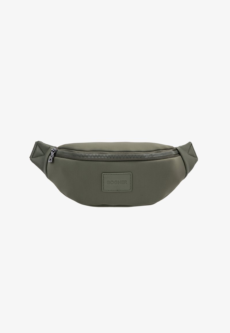 Sac banane vert olive avec une seule fermeture éclair sur le dessus et un patch rectangulaire portant l'inscription "BOGNER" à l'avant.