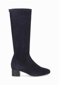 Marineblaue Wildleder-Stiefel in Kniehöhe mit quadrater Zehenform und Blockabsatz. Glatte Textur mit dezenten Paneeldetails, schlanke Silhouette.