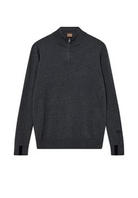 Dunkelgrauer Pullover mit hohem Kragen und einem Viertelreißverschluss. Verfügt über gerippte Bündchen und Saum, hergestellt aus einem weichen, glatten Stoff. Minimale Logodetails am Ärmel.