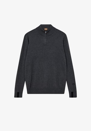 Dunkelgrauer Pullover mit hohem Kragen und einem Viertelreißverschluss. Verfügt über gerippte Bündchen und Saum, hergestellt aus einem weichen, glatten Stoff. Minimale Logodetails am Ärmel.