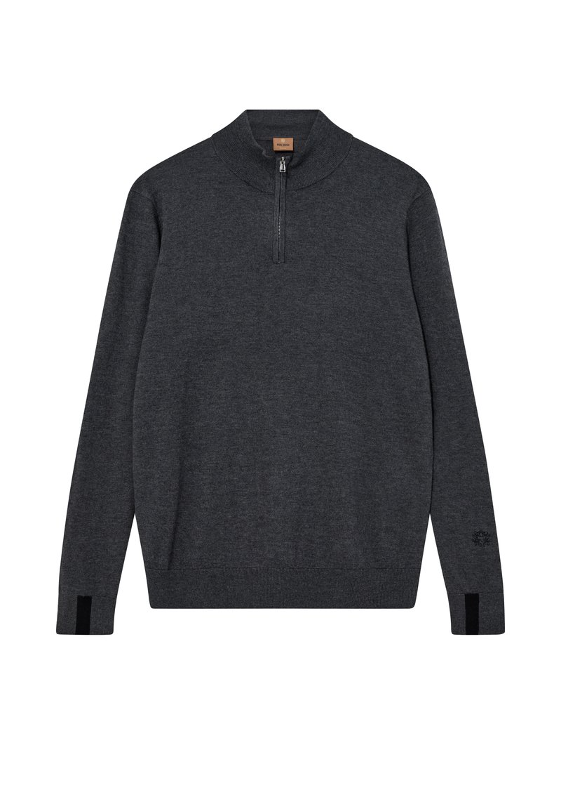 Dunkelgrauer Pullover mit hohem Kragen und einem Viertelreißverschluss. Verfügt über gerippte Bündchen und Saum, hergestellt aus einem weichen, glatten Stoff. Minimale Logodetails am Ärmel.