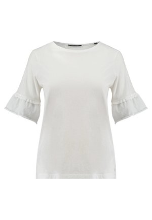 Top bianco a maniche corte con polsini arricciati, scollatura rotonda e texture liscia. Design semplice e minimalista.