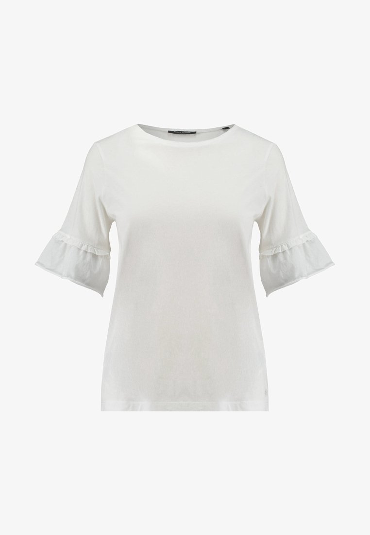 Bílý krátký rukáv top s volánovými manžetami, kulatým výstřihem a hladkou texturou. Jednoduchý a minimalistický design.