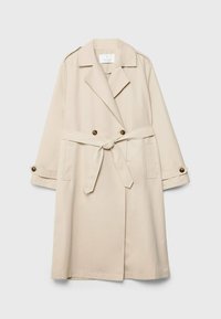 Beżowy płaszcz trench z podwójnym zapięciem, długimi rękawami, talią przewiązywaną paskiem i ozdobnymi guzikami na mankietach. Gładki, lekki materiał.
