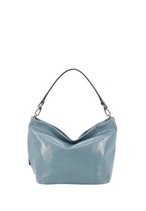 Hellblaue weiche Leder-Schultertasche mit einem Trageriemen und kleinem goldenen Markenlogo auf der Vorderseite in der Mitte.