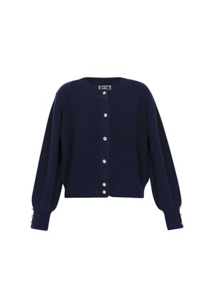Marineblauwe gebreide cardigan met ronde hals, lange mouwen, gouden knopen langs de voorkant en op de mouwmanchetten.