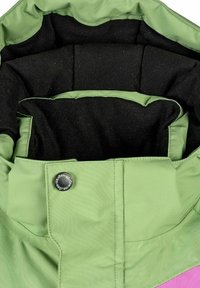 Vihreä ja vaaleanpunainen takki, jossa on musta vuorattu huppu ja napit, joissa on teksti "BJÖRN ISBJÖRN".