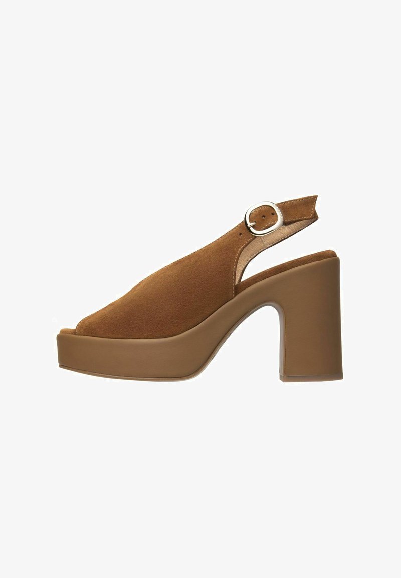 Brown suede slingback platform heels with a thick block heel, open toe, and a silver buckle accent on the adjustable strap.