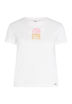 T-shirt en coton blanc avec un col rond et des manches courtes. Présente un graphique coloré : un arc rose et "Women of the Wave" en jaune.