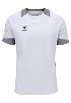 Witte sportsjersey met korte mouwen en grijze accenten op de schouders. Textuurstof, ronde hals en zwart logo op de linker bovenkant.