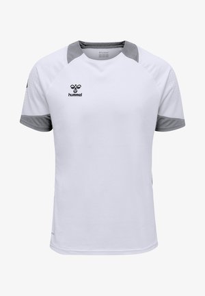 Weißes Sporttrikot mit kurzen Ärmeln und grauen Akzenten an den Schultern. Strukturierter Stoff, runder Halsausschnitt und schwarzes Logo auf der oberen linken Seite.