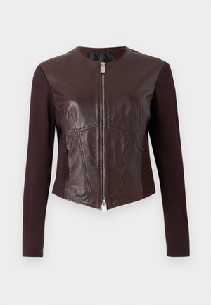 Dark brown fitted jacket with long fabric sleeves, leather front panels, and a silver double zipper closure at the center.