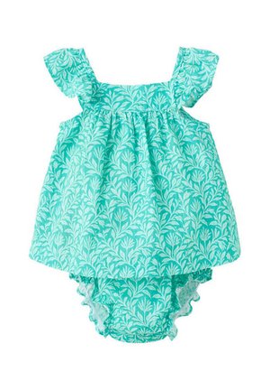 Robe bébé turquoise avec bloomer assorti, présentant un motif floral feuillu blanc et des manches courtes à volants.