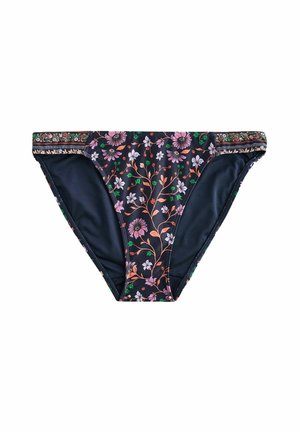 Dark bikini bottom with pink and white floral pattern and decorative patterned waistband on a white background.